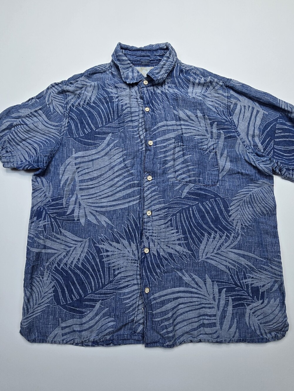 Tasso Elba Navy Blue Palm-Print Short Sleeve Button-Up Shirt